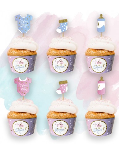 24pcs caissettes à cupcake gender reveal et cake topper